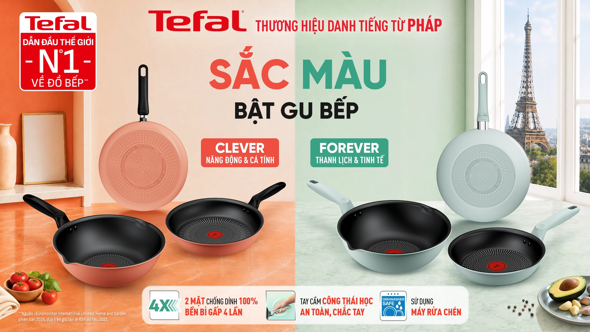 Chảo chống dính Tefal Clever và Forever — Sắc màu bật gu bếp